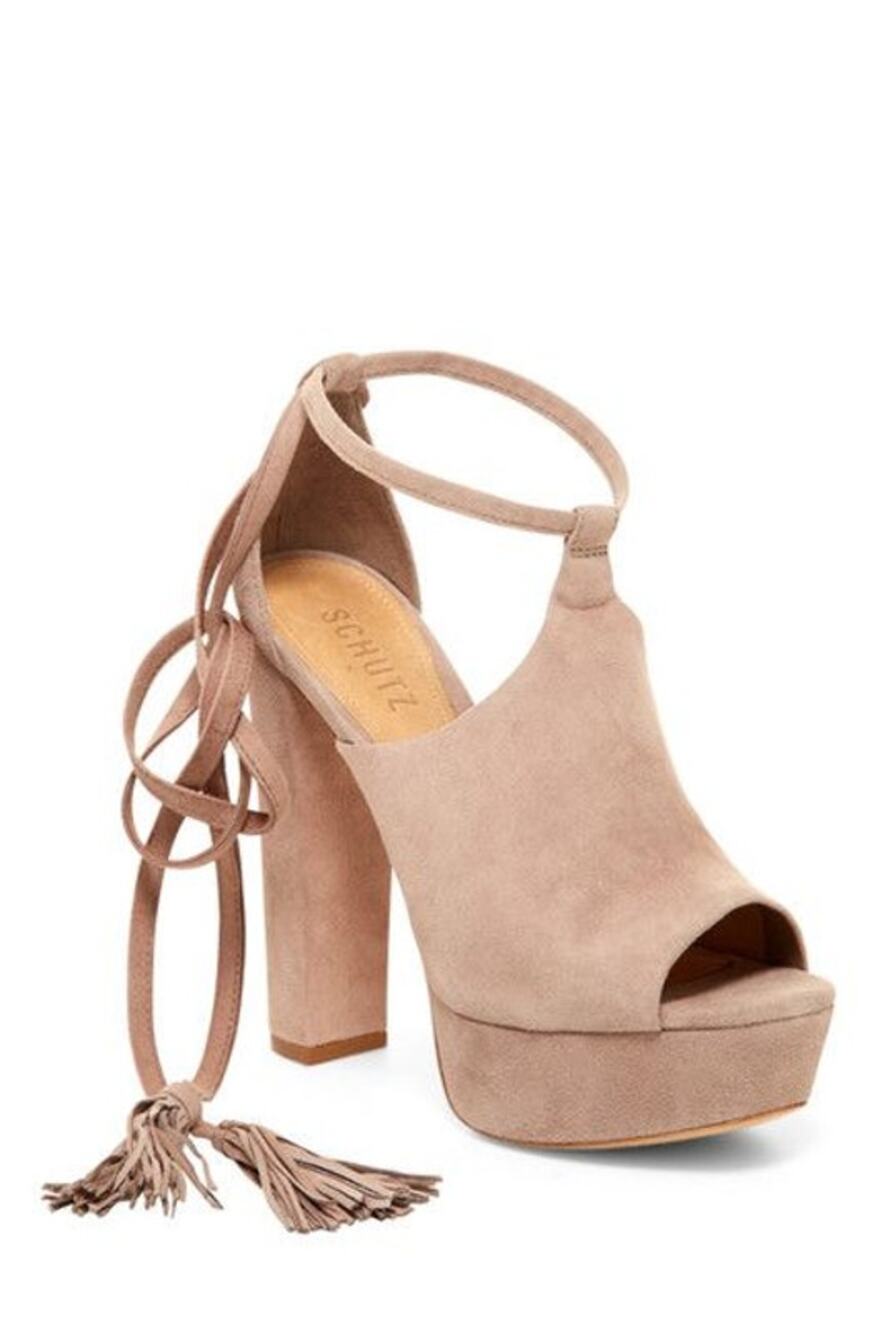 Schutz Marais Platform Sandal Nude Suede Tassel Wrap Ankle Sz 9B